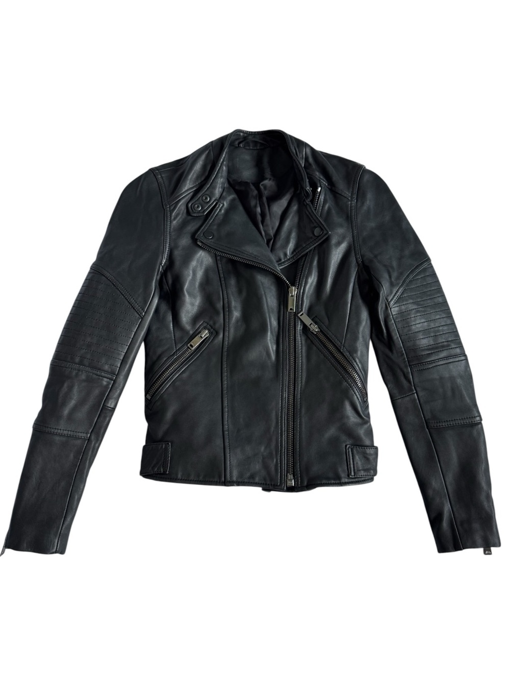 REISS Lamb Leather Black Moto Biker Jacket Womens XS Punk Rocker Quilted Sleeve